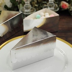 SILVER 10 Triangle 5″ x 3″ Cake Slice Paper BOXES Scalloped Top Party Decoration
