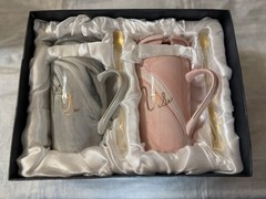 Mr& Mrs Ceramic Cup Set Marble design in Grey & Pink 3″ Tall Wedding/Anniversary