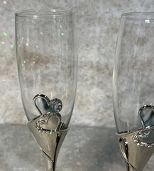 Studio His & Hers Toasting Glasses Silver Tone W/ Hearts Rhinestones EUC 10.25”