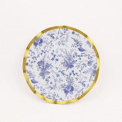 25 Round 10″ BLUE Paper Salad Plates Gold Wavy Rim Party Tableware Decorations