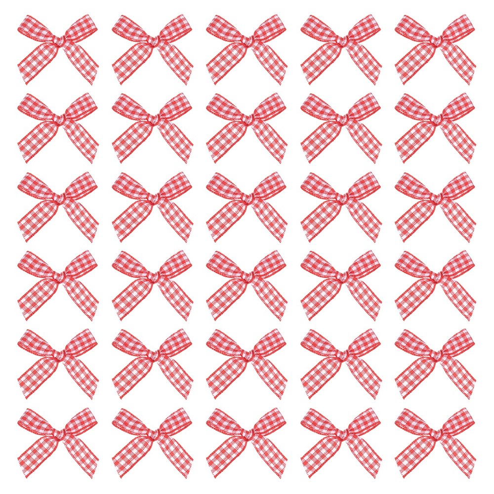 50 Pcs Mini Gingham Ribbon Bows 1.8 Inch Satin Ribbon Bows Red White