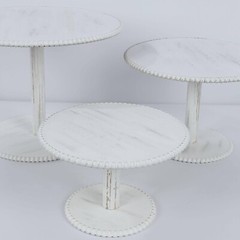 3 WHITEWASH Wooden Pedestal CAKE STANDS Round Beaded Rim Trays Party Decorations