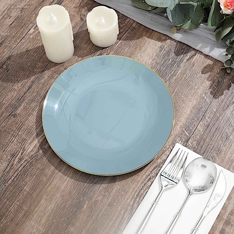 DUSTY BLUE 10 Glossy 8″ Round Plastic Salad PLATES Gold Rim Party Events