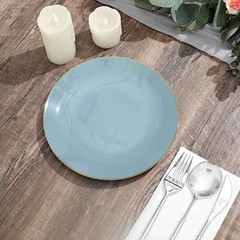 DUSTY BLUE 10 Glossy 8″ Round Plastic Salad PLATES Gold Rim Party Events