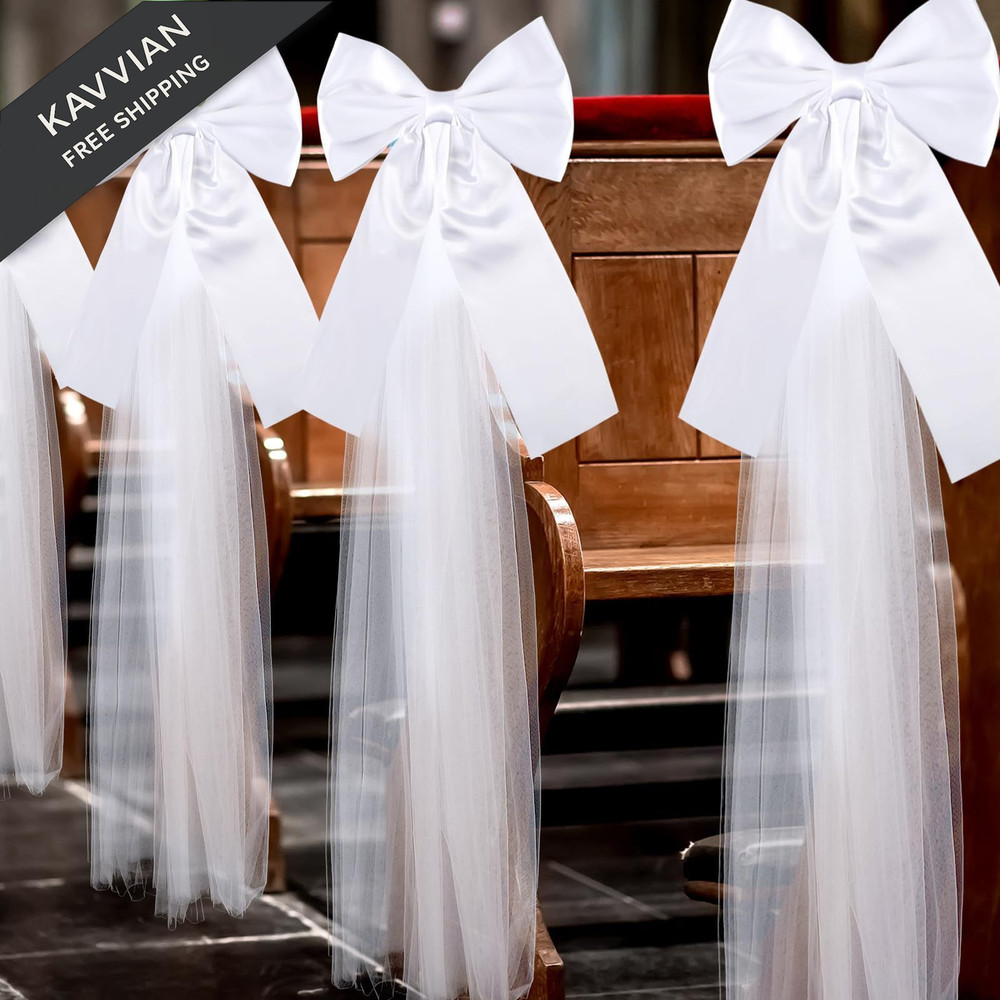 Solsew 12 Pcs Large White Wedding Pew Bows 15.7 x 7.9 in Satin Bow with white