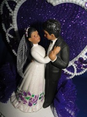 New Medium Dark skin Bride & Groom Wedding CakeTop, purple decor & heart, #335