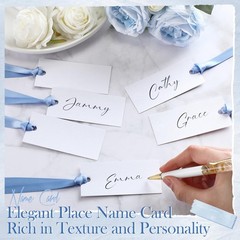 100 PCS Name Place Cards Table Setting Blank Satin Ribbon Blue 1.57×3.54 Inch