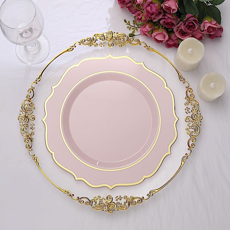 20 BLUSH 10.5″ Round Plastic Dinner Plates GOLD Scalloped Rim Events
