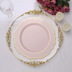 20 BLUSH 10.5″ Round Plastic Dinner Plates GOLD Scalloped Rim Events