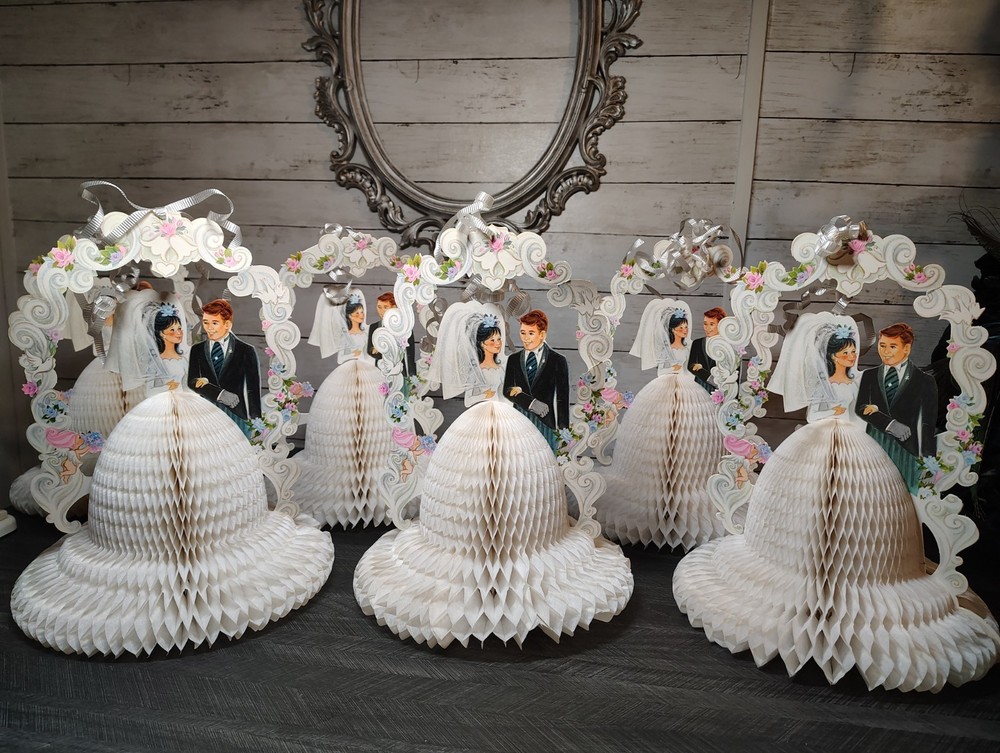 Vtg Hallmark Wedding Centerpiece 6os 70s Honeycomb Bride Groom Arch Lot Of 6
