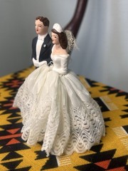 Vintage 1950s Wedding Cake Topper Ceramic Fabric Small Pretty Classic Brunette
