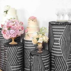 5 BLACK Geometric Sequins Cylinder Display STAND COVERS Set Party Decorations