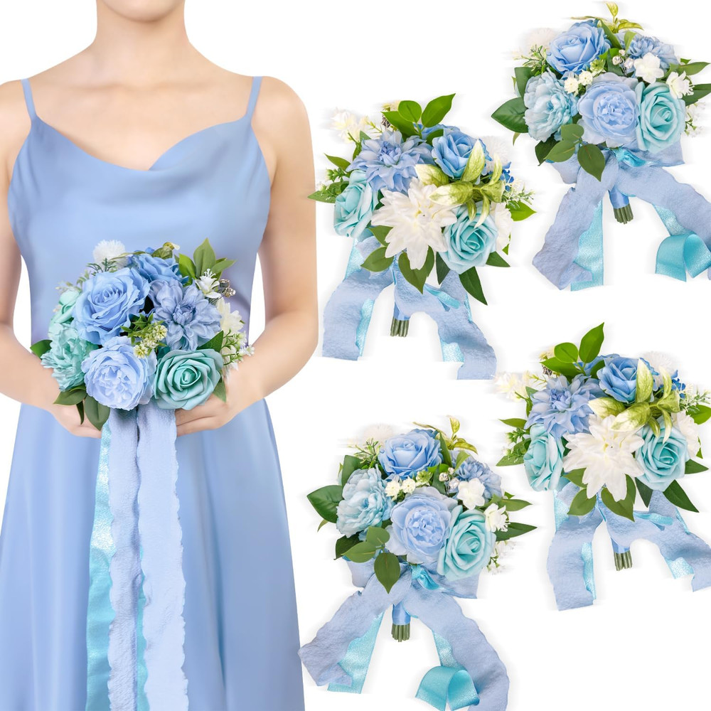 Provence Blue 7″ Artificial Wedding Bouquets Set of 4 for Bridesmaids