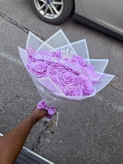 Artificial Purple & White Rose Flower Bouquet Bunch with Wrap, Ribbon & Tiara
