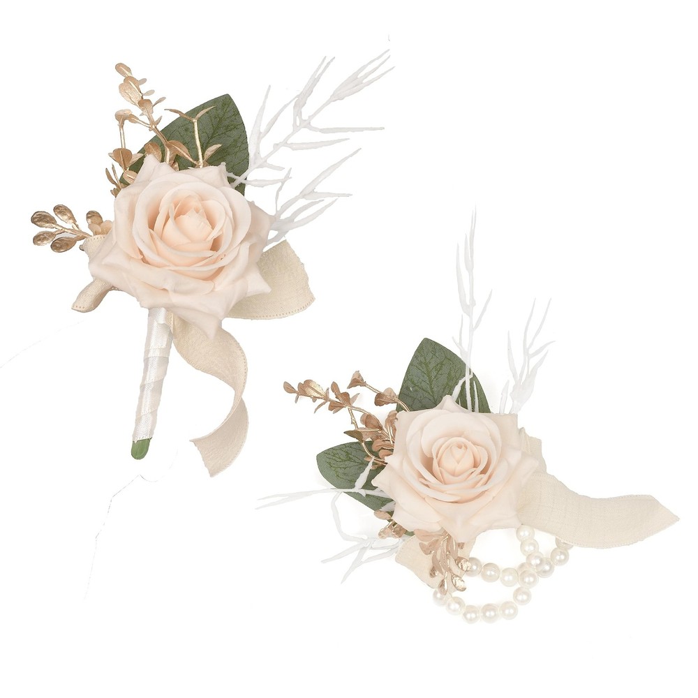 Champagne Rose Wrist Corsage Wristlet Band Bracelet and Men Boutonniere Set f…