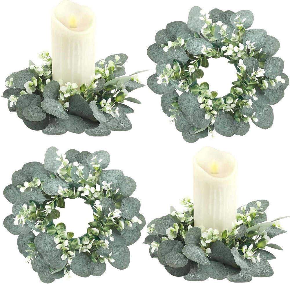 4 Pieces Candle Rings Artificial Eucalyptus Leaves Elegant Leaf