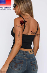 32Pcs Red Temporary Rose Flower Arm & Leg Tattoo Stickers, Sexy Stripper Chest &