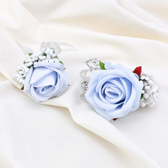 2Pcs Light Blue Rose Corsage and Men Boutonniere Set Women Wristlet Band Wrist B
