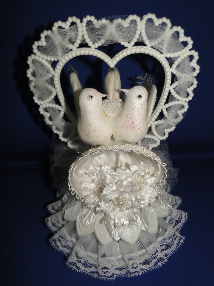 New Elegant Wedding Sparkling White Love Birds Cake topper / heart & bell #189