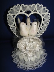 New Elegant Wedding Sparkling White Love Birds Cake topper / heart & bell #189