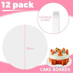 12-Pack 8 Inch White Round Cake Boards, Sturdy 1/2 Thick Smooth Edge Base