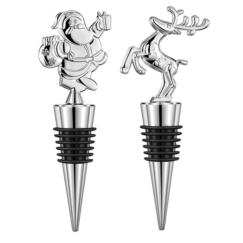 2 Pack Christmas Wine Stopper Alloy Bottle Stoppers Santa + Elk, Silver