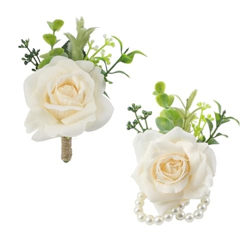 Wrist Corsage and Boutonniere Set Champagne-c 1 Boutonniere&1 Wrist Corsage