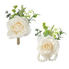 Wrist Corsage and Boutonniere Set Champagne-c 1 Boutonniere&1 Wrist Corsage