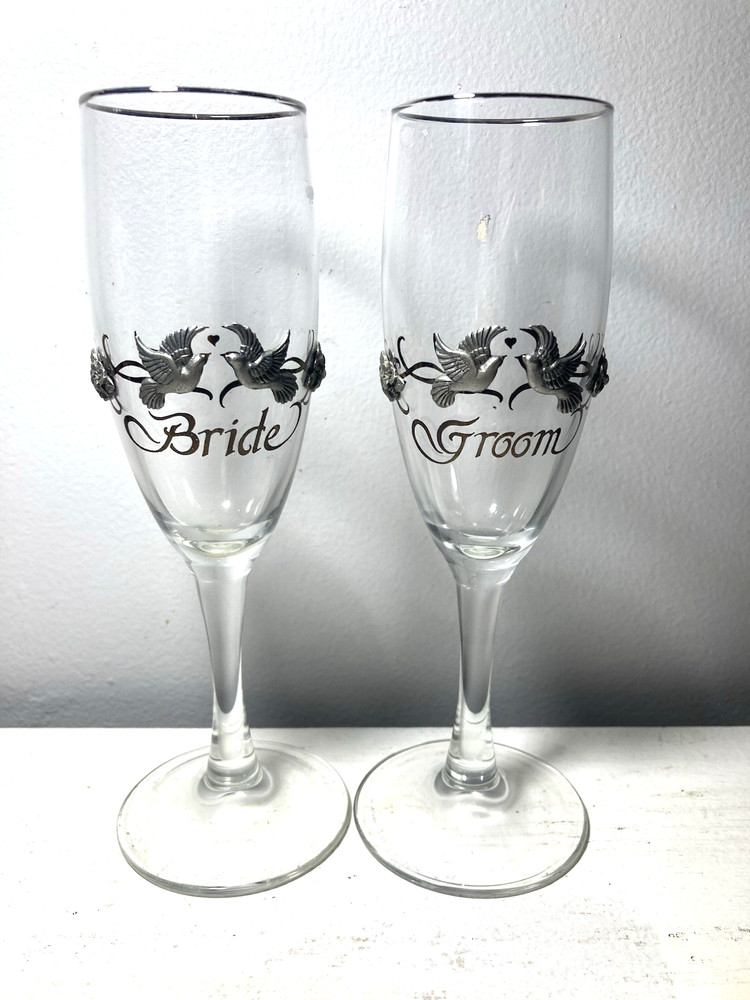 3D Doves Pewter Bride Groom Wedding Champagne Flute Glass