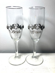 3D Doves Pewter Bride Groom Wedding Champagne Flute Glass