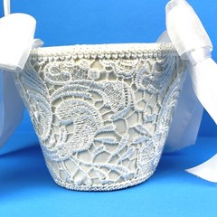 White Flower Girl Wedding Small Basket Lace~Padded~Ribbons Special Occasion
