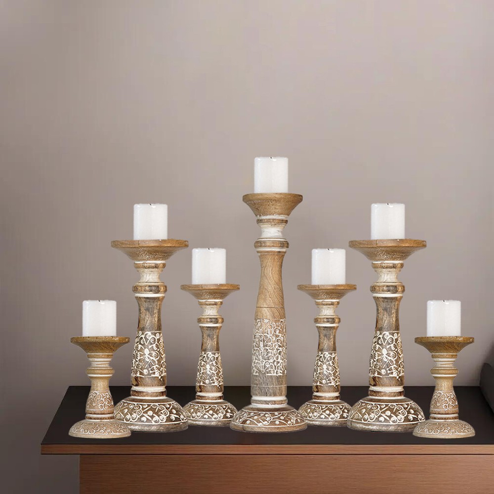 Eco-Friendly Handmade Traditional Mango Wood Set Of Seven Pillar Candle Holder