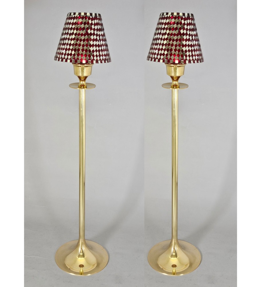Candle Lamp Red Mosaic Shade on Brass Candle Holder&Votive Set/2 7″D 29.5″High