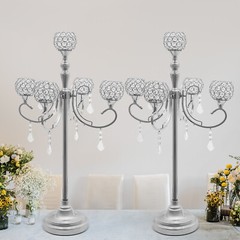 5 Arms Crystal Candelabra Freestanding Candle Holder Centerpiece Silver