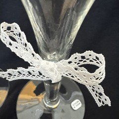 Vintage 80s Wedding Champagne Glasses Bride & Groom Heartline Lace Bows Set