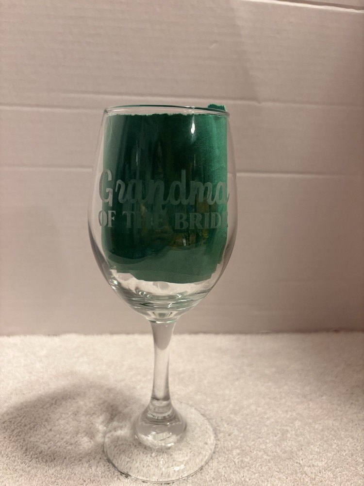 Grandma of the Bride Wine Glass Etched Clear Stemmed Glass Wedding Bridal Shower