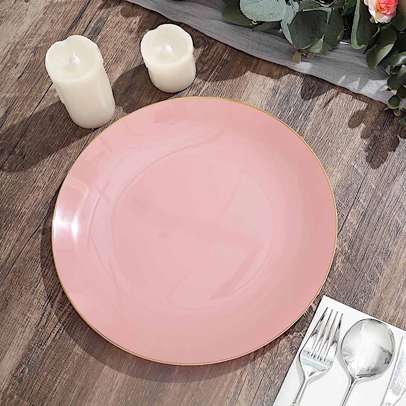 DUSTY ROSE 10 Glossy 10″ Round Plastic Salad PLATES Gold Rim Party Events