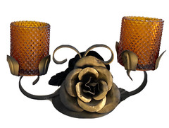 Pair 1970’s 2 Votive Candle Holders Amber Glass with Wrought Iron/Steel Roses