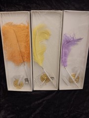 3 New Ballpoint Ostrich Feather Pen Plume Purple Yellow White Gold Stand Wedding