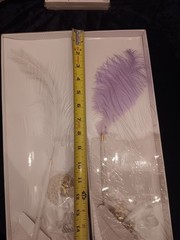 3 New Ballpoint Ostrich Feather Pen Plume Purple Orange White Gold Stand Wedding