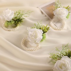 2pcs Wedding White Rose Wrist Flowers Artificial Rose Flowers for Ceremony Pr…