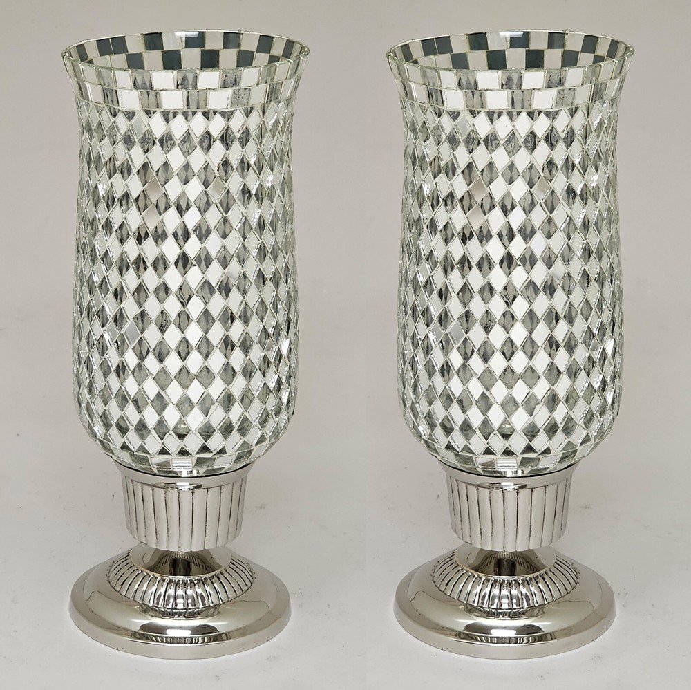 Candle Holder 4″D 10.5″Hi Set/2 Nickel Plated & Mirror Mosaic Shade FREE SHIPING