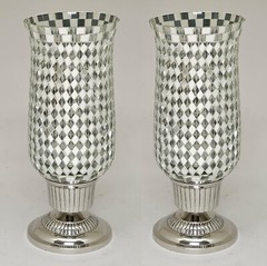 Candle Holder 4″D 10.5″Hi Set/2 Nickel Plated & Mirror Mosaic Shade FREE SHIPING