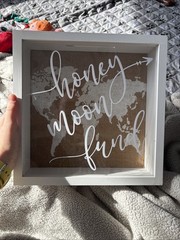Honeymoon Fund Box, White, Brown Background With Continents In Background