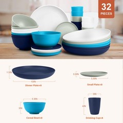 BUSOKIP Wheat Straw Dishes Sets for 8, Reusable Plastic Dinnerware Sets 32-Piece