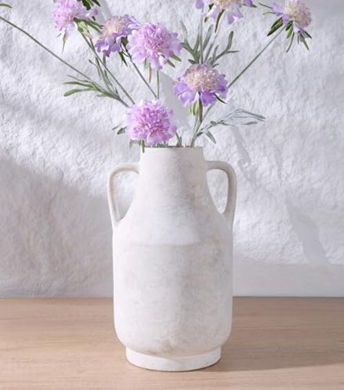 White Ceramic Flower Vase with Handles, 11 in Tall Rustic 11inch Vintage White