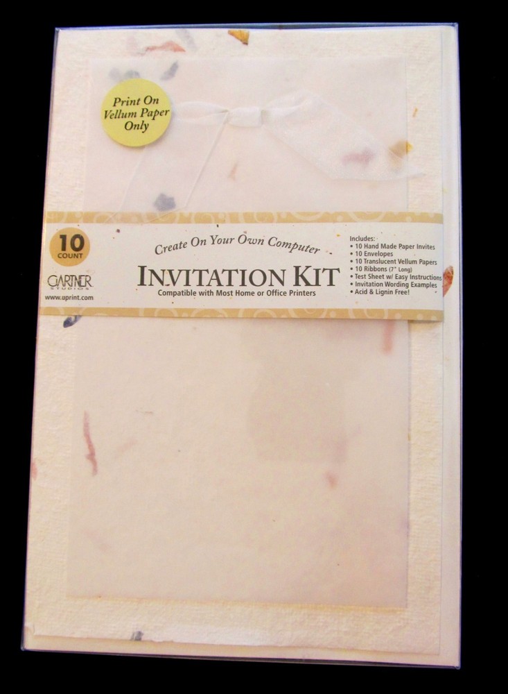 Brand New GARTNER Hand Made Paper 10 CT Invitations Kit W/ Vellum Papers ribbons