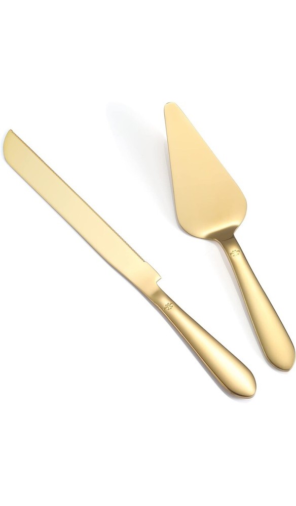 Elegant Wedding Cake Cutting Set Gold Knife Server Rounded Edges Pie Cutter Food