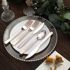 ROSE GOLD 24 Hammered Design 7″ Plastic CUTLERY Spoons Forks Knives Set Party