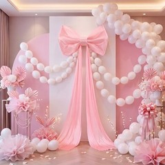 Giant Pink Bow with 100 Pcs White Link Balloons, 31 x 181 Inch Large Ice Silk